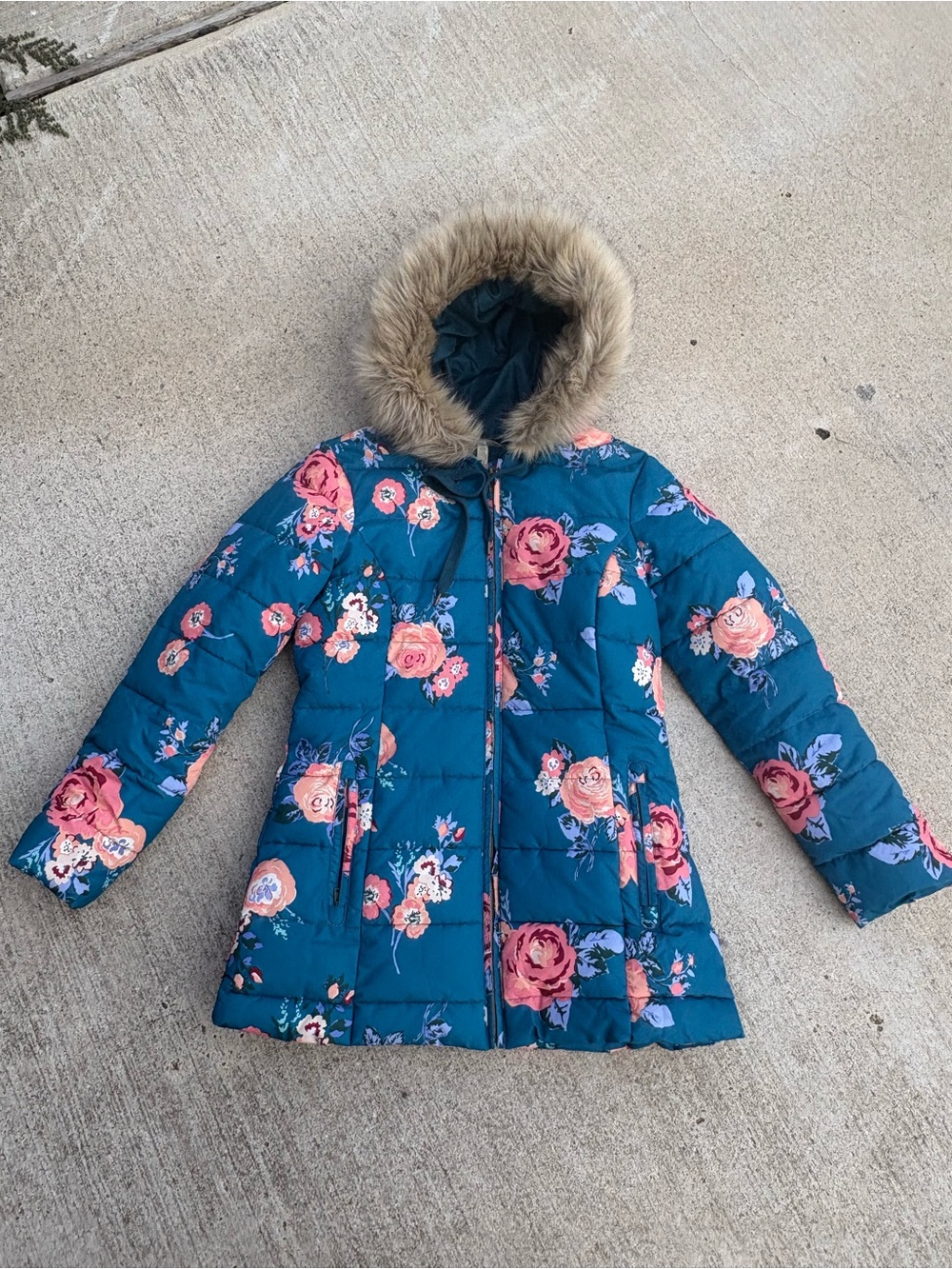 Matilda Jane Teal Floral Quilted Puffer Jacket with Faux Fur Hood